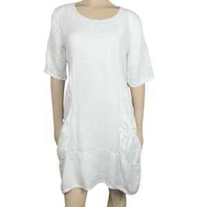 Vansa 100% Linen Short Sleeve White Boho Midi‎ Dress